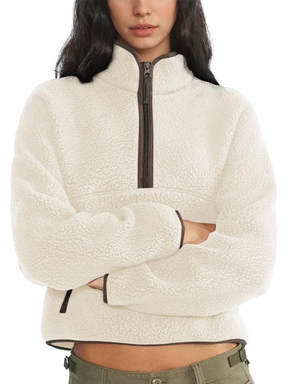 Women Apricot 100% Polyester Mockneck Fuzzy Sherpa Fleece Quarter Zip Sweatshirt